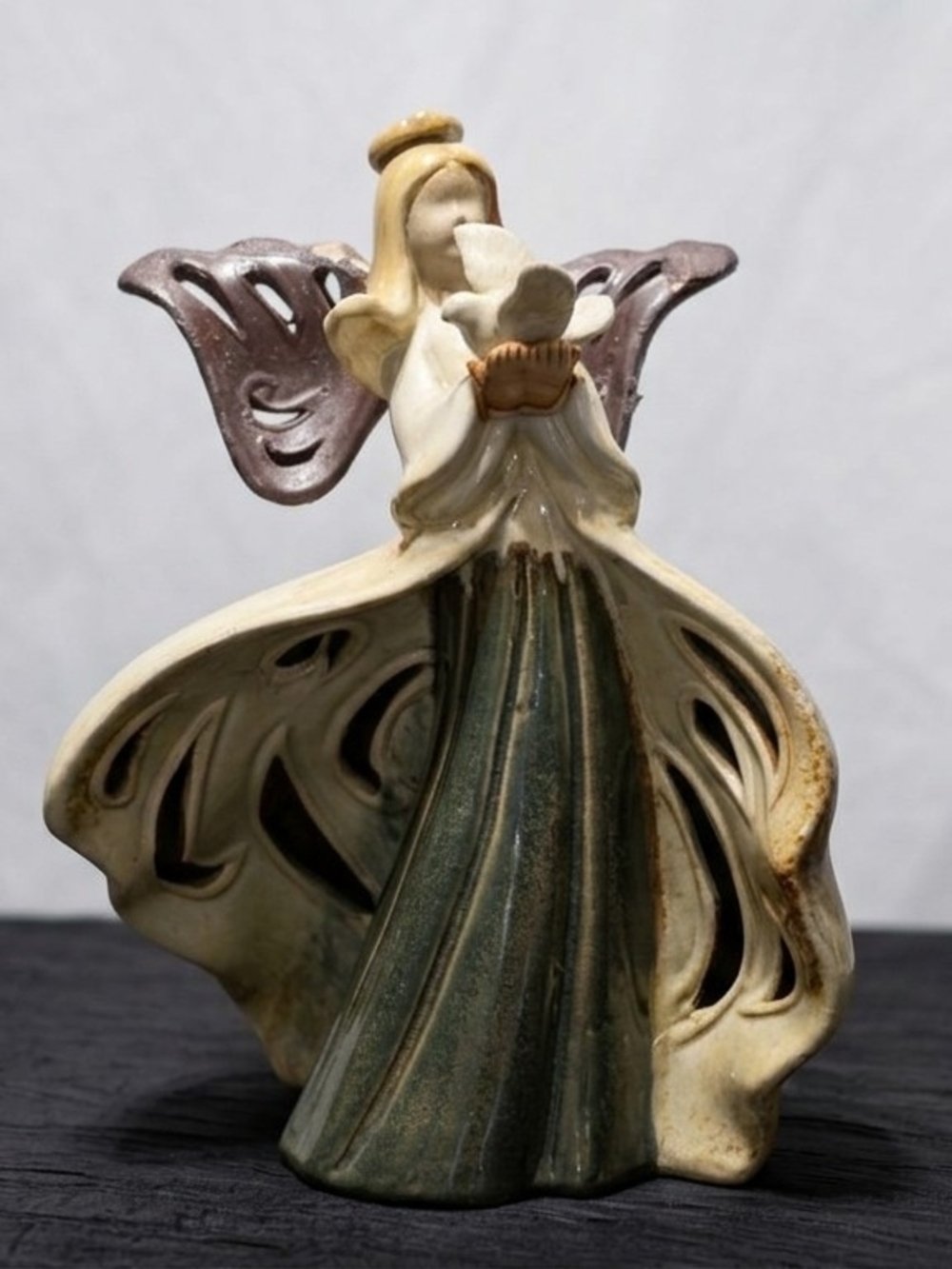 Vintage Large Ceramic Angel Statue Figurine Holding Dove Tealight Candle Holder